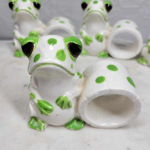VTG Schmid Bros Frog Napkin Rings Ceramic Green White Hand Painted Japan 4 - Picture 5 of 16